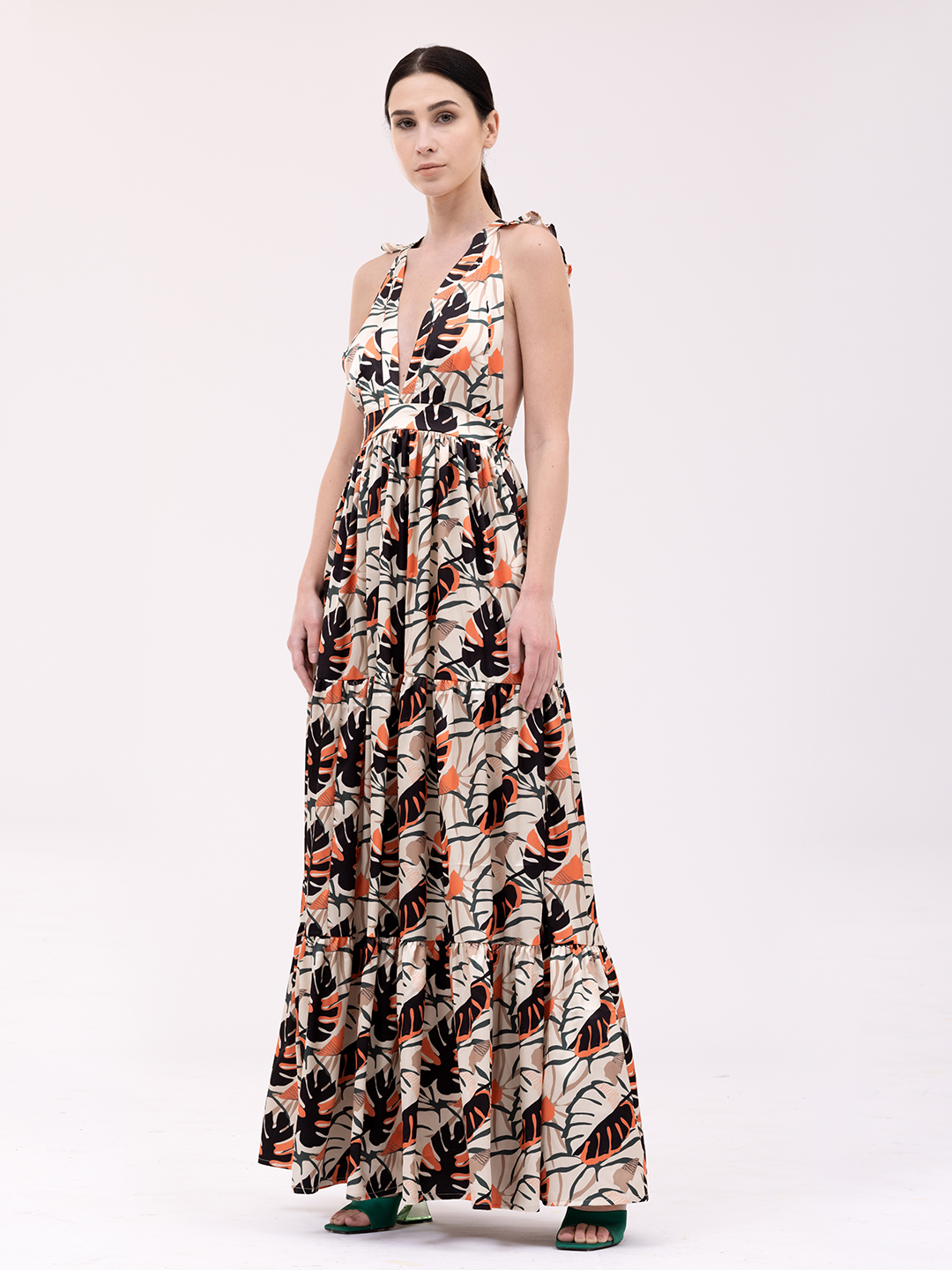 Tropical Leaf Print Halter Tiered Maxi Dress -1